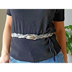 vtg 80s silver‎ braided rope belt Ginnie Johansen knotted fisherman macrame